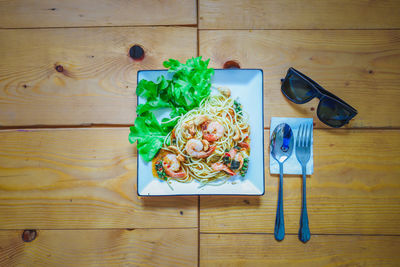 High angle view of meal served on table