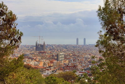 High angle shot of townscape against sky