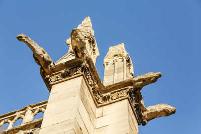  low angle view of gargoyles against the sky in notre-dame cathedral