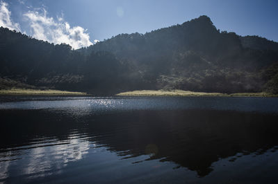 Scenic view of lake and mountains against sky