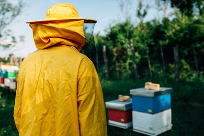 Rear view of beekeeper standing by beehives on land