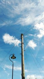 Low angle view of telephone line against blue sky