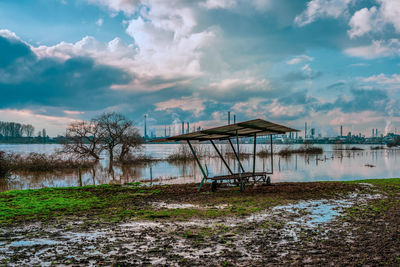 Flood on the rhine, germany. chempark dormagen in the background.