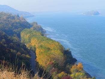 High angle view of trees and sea against sky