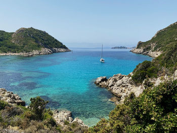 Scenic view of bay against clear sky