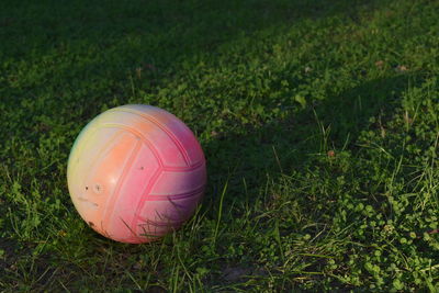 High angle view of multi-colored ball on field