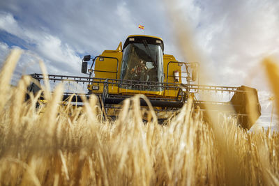 From below combine harvester with metal reel collecting dried wheat in agricultural plantation against cloudy sky in rural area with green trees