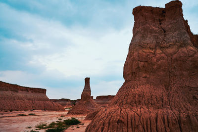 Rock formations on landscape against cloudy sky