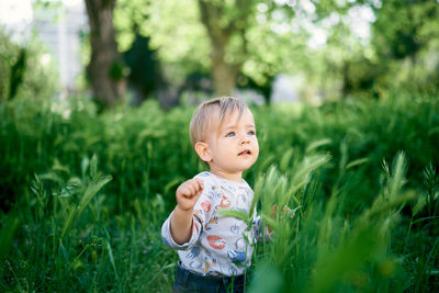 Cute boy looking away on field