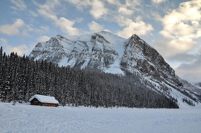 Snow covered landscape against sky