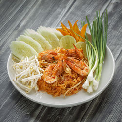 High angle view of noodles in plate on table