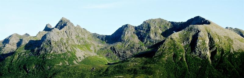 Panoramic view of mountain range against clear sky