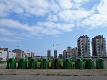 Low angle view of buildings against sky in city