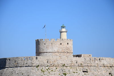 Low angle view of lighthouse against clear sky