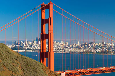 Golden gate bridge over bay against sky