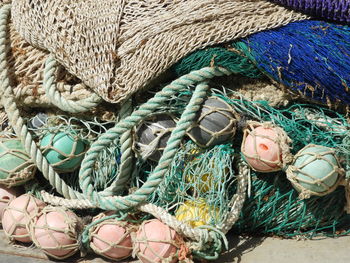 High angle view of fishing net at harbor