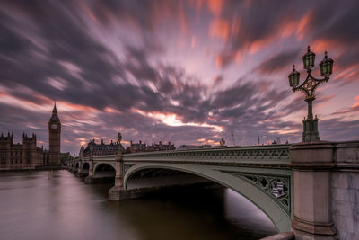 Bridge over river against cloudy sky