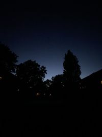 Low angle view of silhouette trees against sky at night