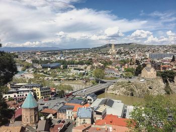 High angle view of town against sky