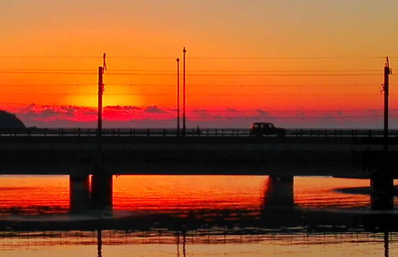 SILHOUETTE ELECTRICITY PYLONS BY RIVER AGAINST ORANGE SKY