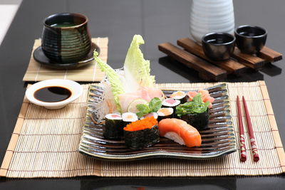 High angle view of sushi in plate on table