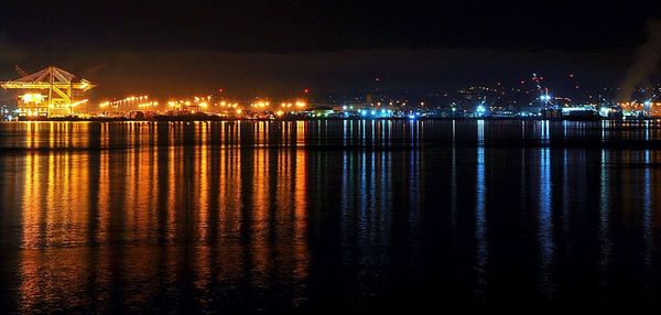 Reflection of illuminated buildings in water