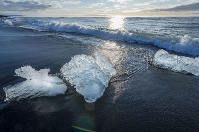 High angle view of waves rushing towards shore