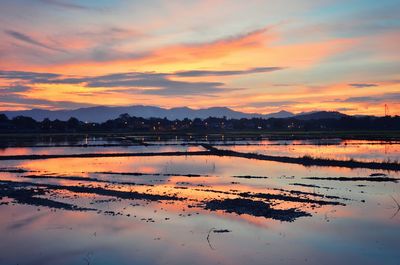 Scenic view of wet farm during sunset