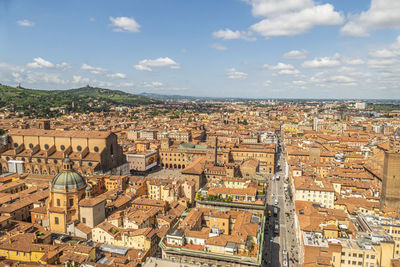  aerial view of bologna with the beautiful maggiore square and the tower