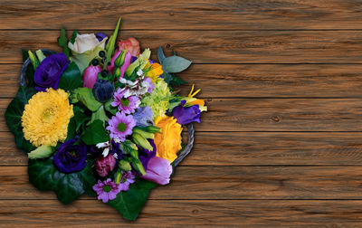 High angle view of various flowers on table