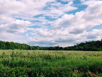 Scenic view of field against cloudy sky