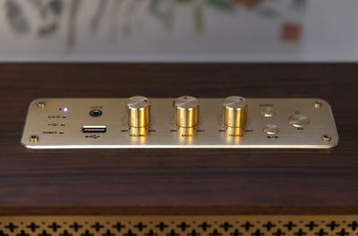 High angle view of telephone on table