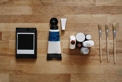 High angle view of coffee cup on table