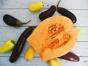 High angle view of fruits on cutting board