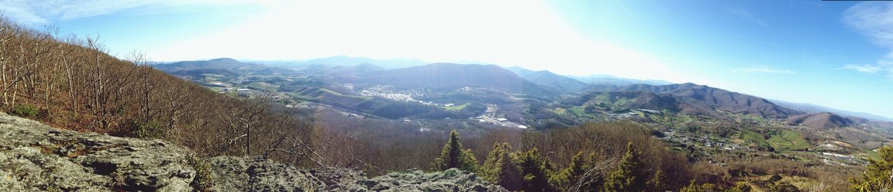 mountain, mountain range, landscape, tranquil scene, scenics, tranquility, beauty in nature, sky, nature, sunlight, non-urban scene, blue, idyllic, day, valley, high angle view, tree, hill, outdoors, built structure