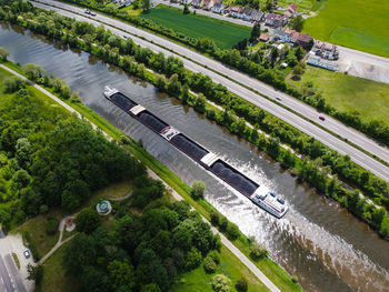 High angle view of train on street in city