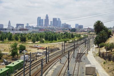 High angle view of railroad tracks in los angeles against sky