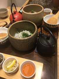 High angle view of various food on table