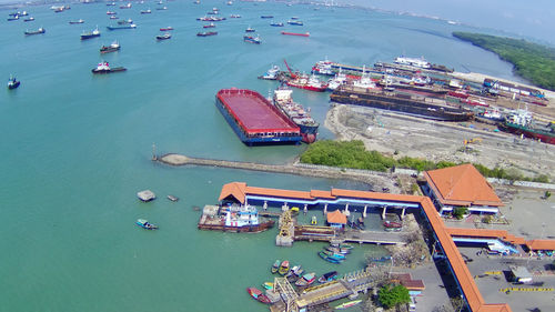 High angle view of ship moored in sea