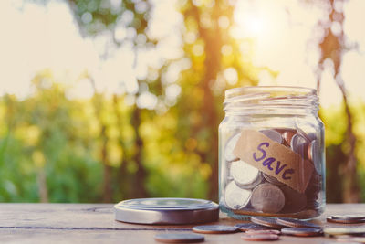 Close-up of glass jar on table