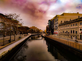 Canal amidst city against sky at sunset