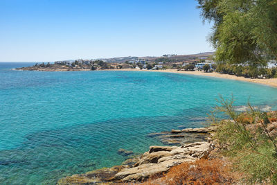 Scenic view of sea against clear blue sky