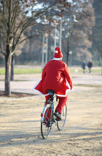 Rear view of woman riding bicycle