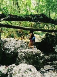 Rear view of woman sitting on rock in forest