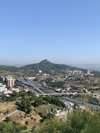 High angle view of townscape against clear blue sky