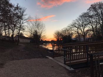 Bare trees by building against sky during sunset