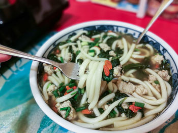 High angle view of noodles served in bowl