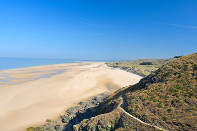 Scenic view of sea and mountains against clear blue sky