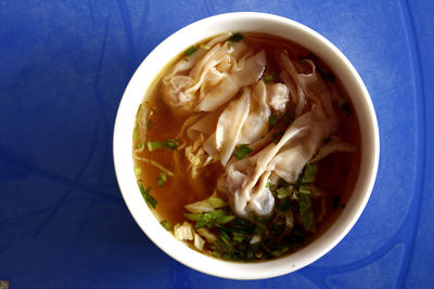 High angle view of soup in bowl on table