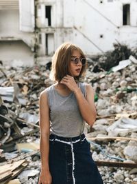 Beautiful young woman standing against abandoned building